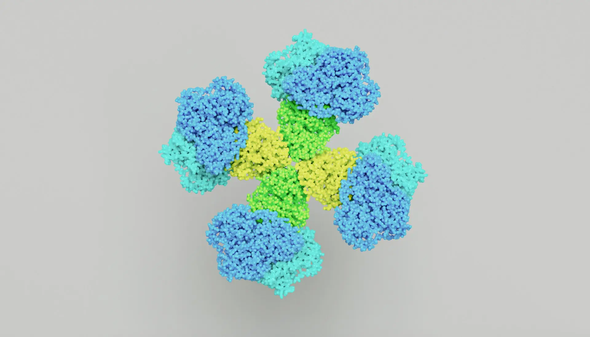 a bunch of blue and green flowers on a gray background